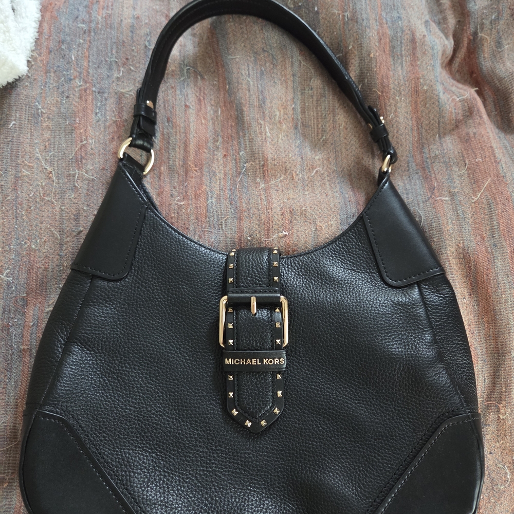 Michael Kors Black Leather Shoulder Bag with Gold Buckle